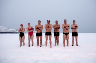 Brighton swimming club members posing in the snow