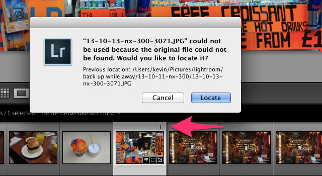 click on exclamation mark locate file lightroom