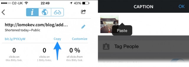 Bitly iOS iPhone app Pasting in Instagram
