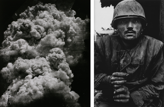 Hiroshima Moushroom cloud by Toshio Fukada and shell shocked US marine by Don McCullin