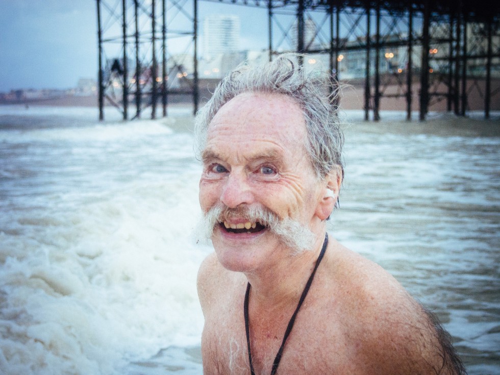 Dave Sawyers looking like a mad scientist due to lack of a swimming hat